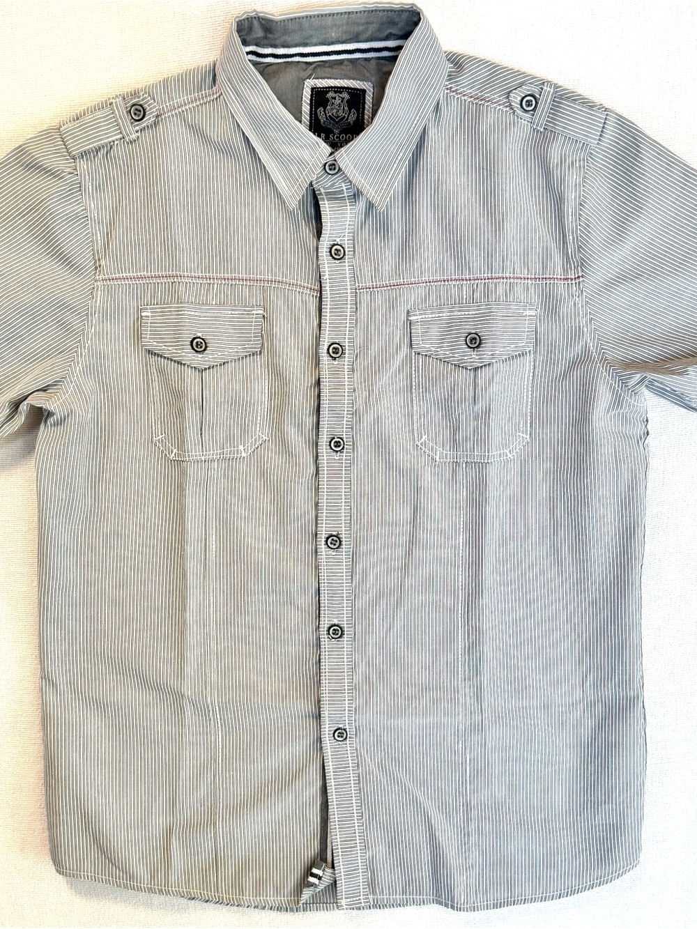 Teens Gray, Blue & White Pinstripe Button-Down Shirt w/Pockets & Red Accents